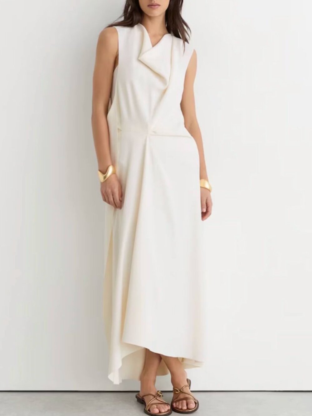 Reiss Dorota Midi Dress UK10/US6 Ivory Drape-Detail Sleeveless Quiet Lux